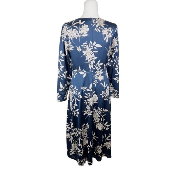 Vince Camuto Dress Women Small Blue White Floral Satin Sheen Midi Long Sleeve - Picture 3 of 15